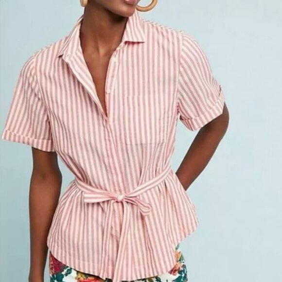 Anthropologie Striped Blouse Womens Large Red White Short Sleeve Cotton Belted - Picture 2 of 7